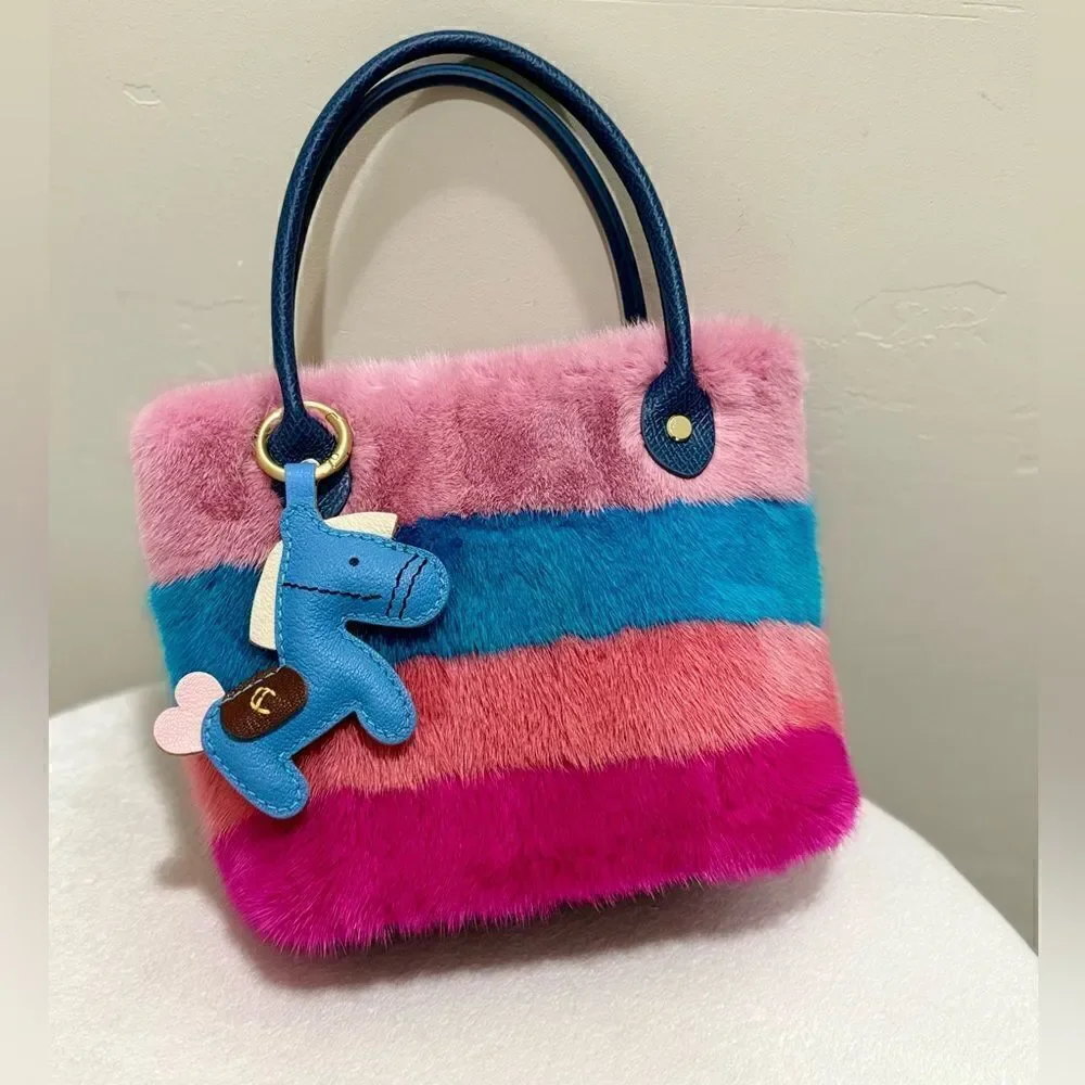 Colorful Striped Handmade Real Mink Fur Mini Tote/Crossbody & Pony Bag Charm